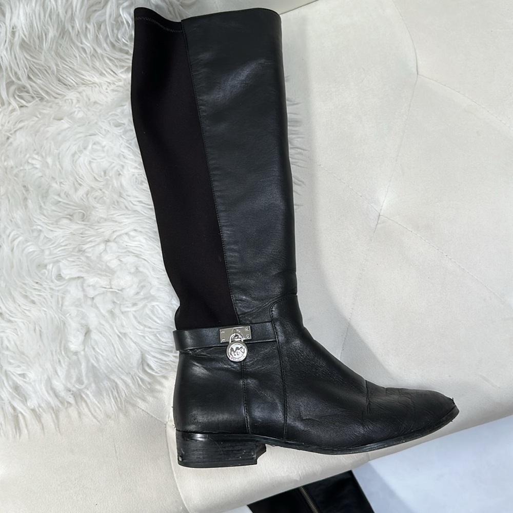 Black Michael kors high knee leather zip up boot with silver lock FINLEY LOCK